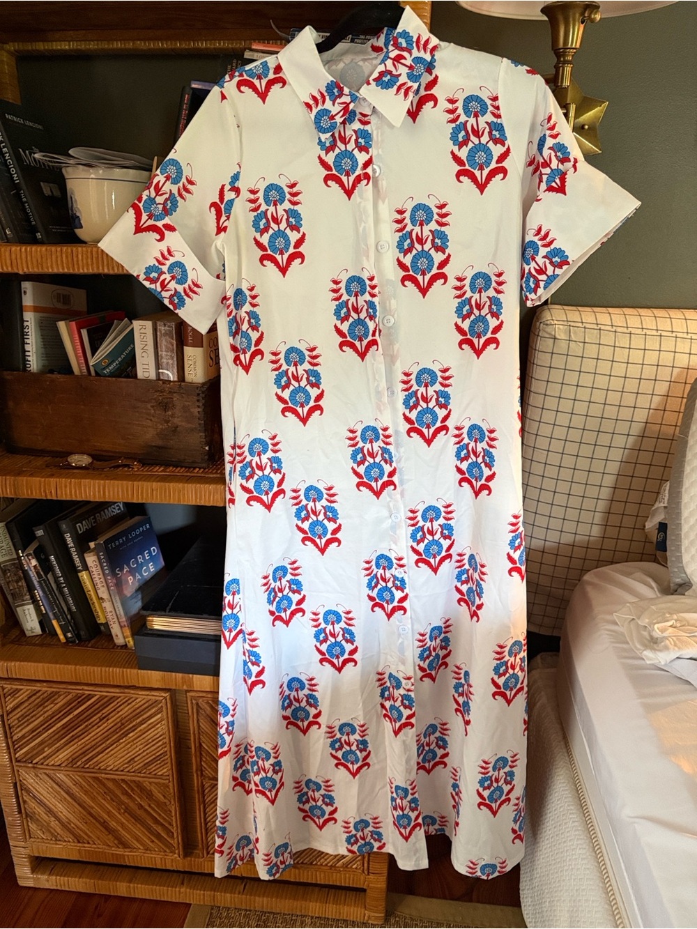 White Floral Print Button-Front Midi Dress - Red & Blue